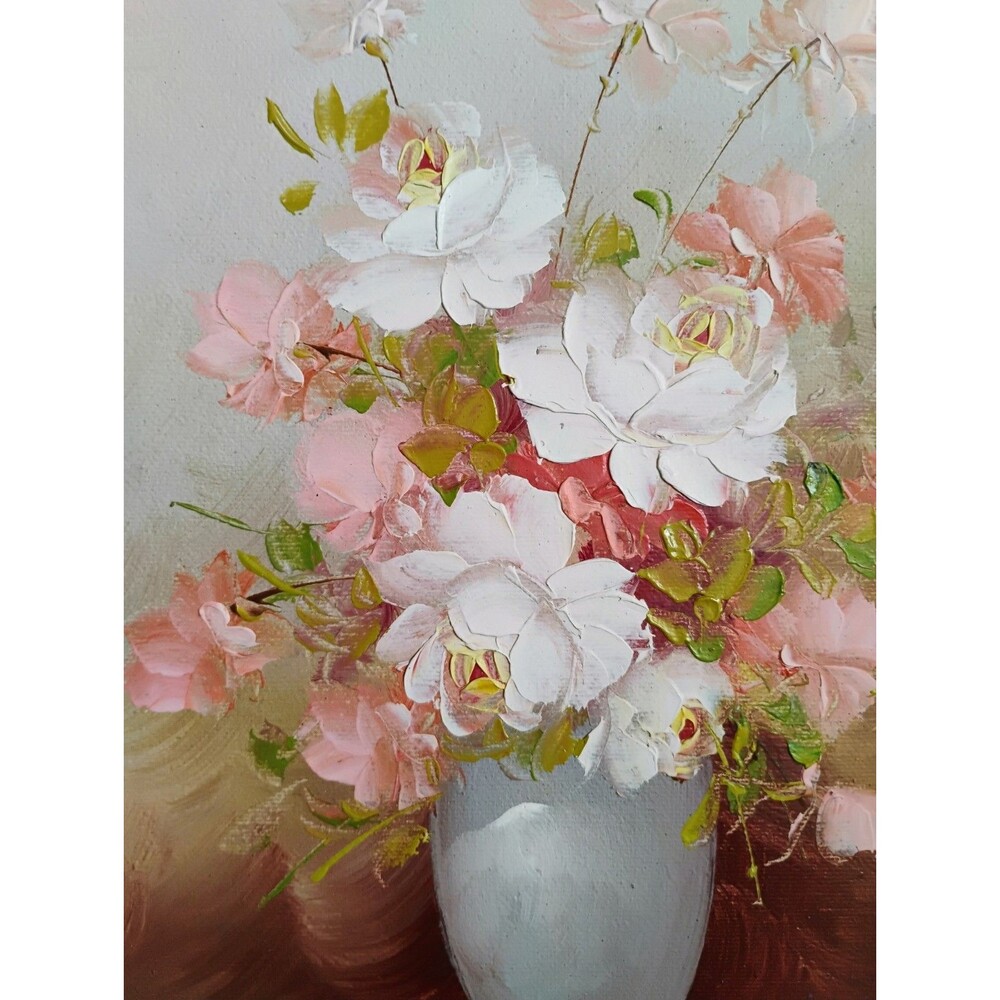 Vtg Robert Cox Framed Floral Oil Painting 8x10 MCM Impasto Pink White Rose Art